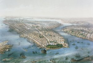 Vue aérienne de New York et Brooklyn, gravée par T.H Muller, pub. par L. Turgis, Paris, 1855
